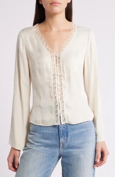 Treasure & Bond Lace Trim Satin Button-up Shirt In Ivory Dove