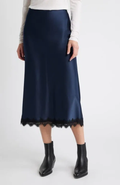 Treasure & Bond Lace Trim Satin Midi Skirt In Navy Blazer