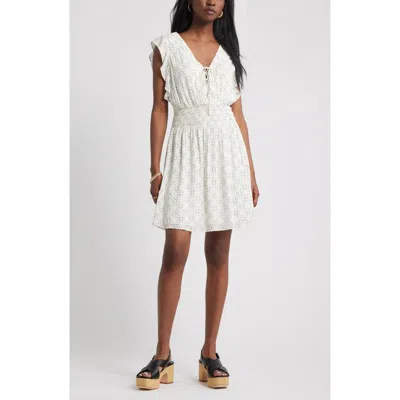 Treasure & Bond Lace-up Smocked Waist Minidress In White