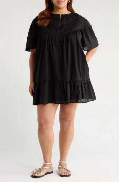 Treasure & Bond Lace Yoke Cotton Shift Dress In Black