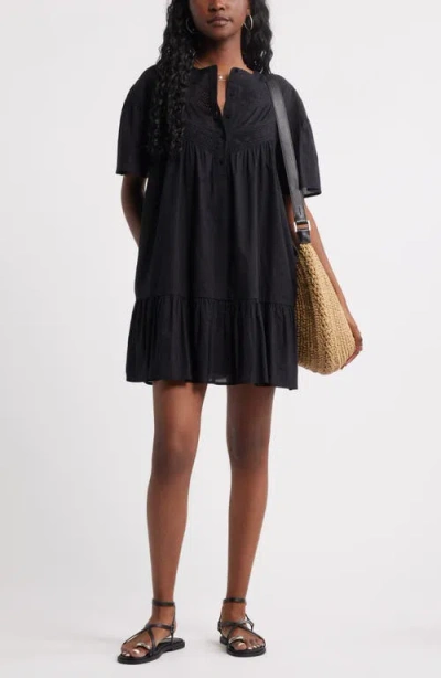 Treasure & Bond Lace Yoke Cotton Shift Dress In Black