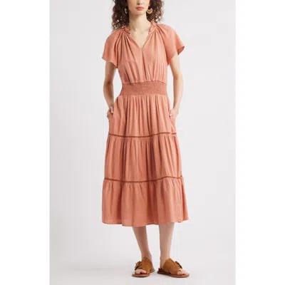 Treasure & Bond Ladder Stitch Accent Linen Blend Tiered Minidress