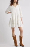 Treasure & Bond Ladder Stitch Accent Linen Blend Tiered Minidress In White