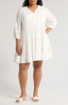 Treasure & Bond Ladder Stitch Accent Linen Blend Tiered Minidress In White