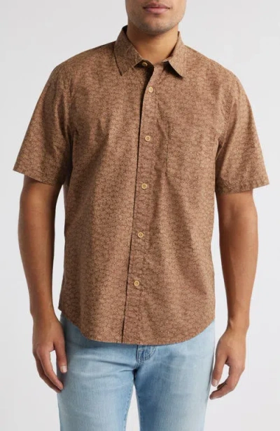 Treasure & Bond Lived-in Leaf Print Short Sleeve Cotton Poplin Button-up Shirt In Brown Micro Palms
