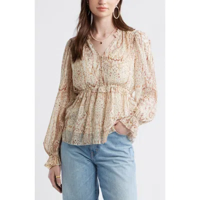 Treasure & Bond Long Sleeve Chiffon Peplum Top In Neutral