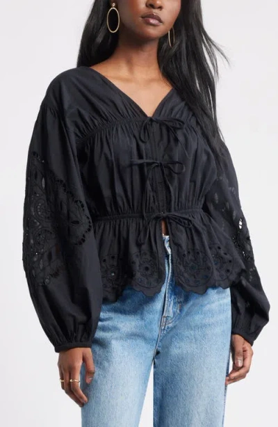 Treasure & Bond Long Sleeve Cotton Eyelet Top In Black