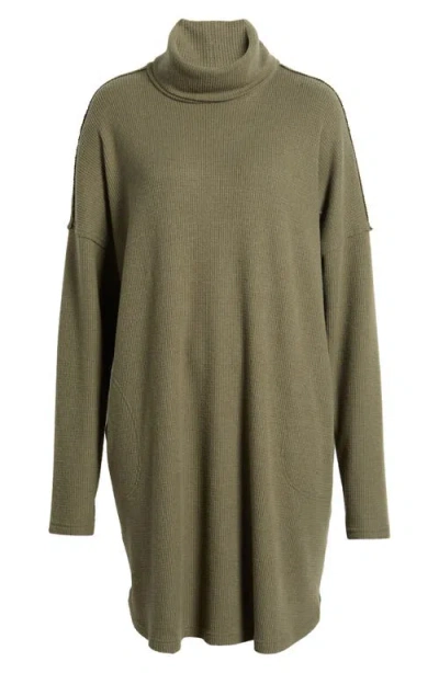 Treasure & Bond Long Sleeve Waffle Knit Turtleneck Dress In Olive Kalamata