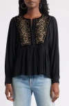 Treasure & Bond Metallic Embroidered Split Neck Top In Black