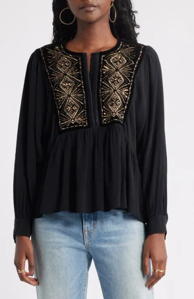 Treasure & Bond Metallic Embroidered Split Neck Top In Black