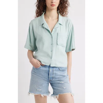 Treasure & Bond Novelty Linen Blend Camp Shirt In Teal Tide