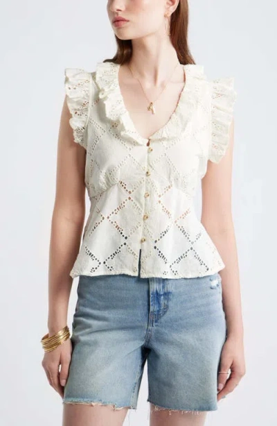Treasure & Bond Open Cutwork Ruffle Trim Button-up Top In White