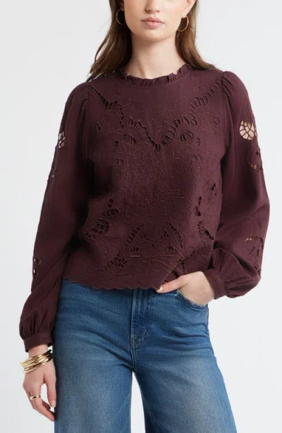 Treasure & Bond Open Floral Cutwork Linen Blend Top In White