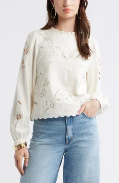 Treasure & Bond Open Floral Cutwork Linen Blend Top In White