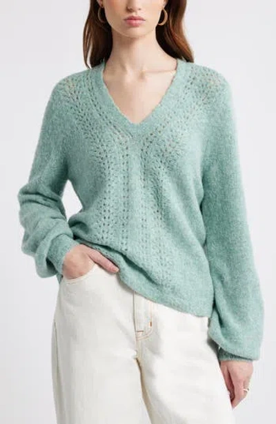 Treasure & Bond Oversize Pointelle V-neck Sweater In Green