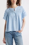 Treasure & Bond Pintuck Linen Blend Popover Top In Blue