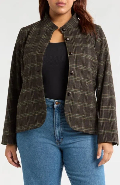 Treasure & Bond Plaid Stand Collar Blazer In Brown- Black Plaid