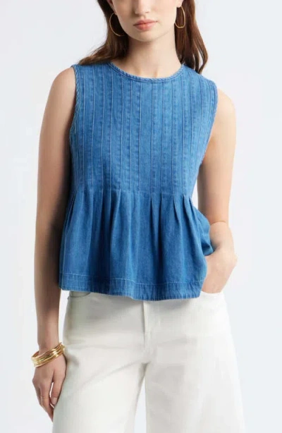 Treasure & Bond Pleated Cotton Chambray Top In Blue