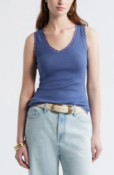 Treasure & Bond Pointelle Lace Trim Cotton Blend V-neck Tank In Blue