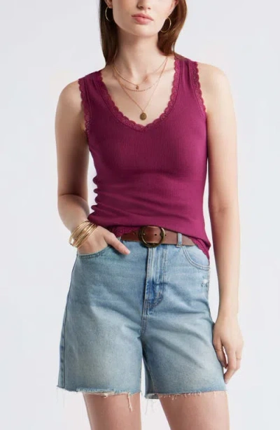 Treasure & Bond Pointelle Lace Trim Cotton Blend V-neck Tank In Purple