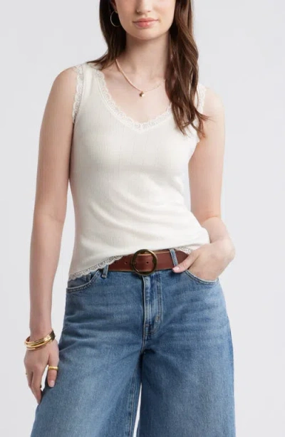 Treasure & Bond Pointelle Lace Trim Cotton Blend V-neck Tank In White