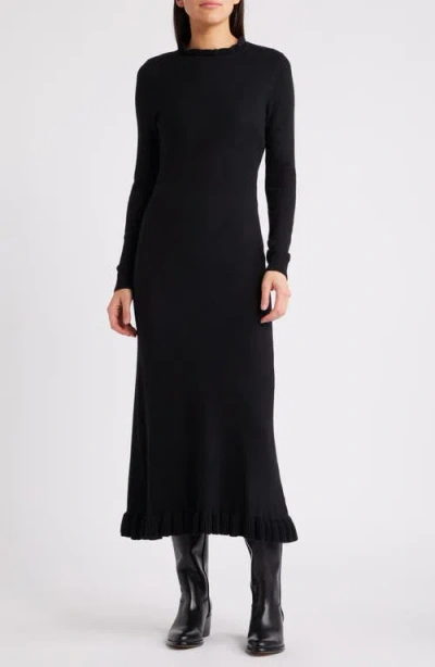 Treasure & Bond Pointelle Long Sleeve Cotton Blend Sweater Dress In Black