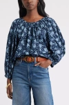 Treasure & Bond Print Raglan Sleeve Cotton Top In Blue