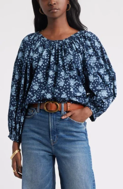 Treasure & Bond Print Raglan Sleeve Cotton Top In Blue