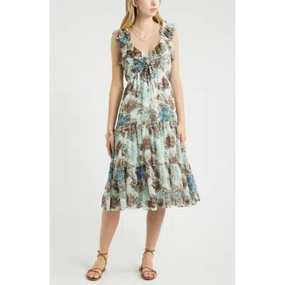 Treasure & Bond Print Ruffle Trim Tiered Midi Dress In Multi