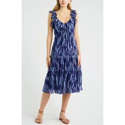 Treasure & Bond Print Ruffle Trim Tiered Midi Dress In Blue