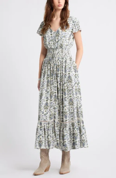 Treasure & Bond Print Smocked Waist Ruffle Hem Maxi Dress In Gray