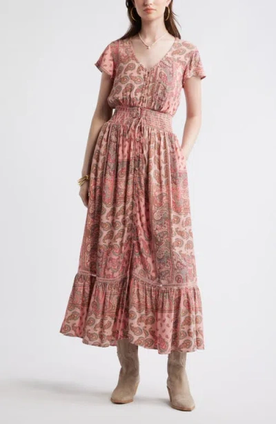 Treasure & Bond Print Smocked Waist Ruffle Hem Maxi Dress In Multi