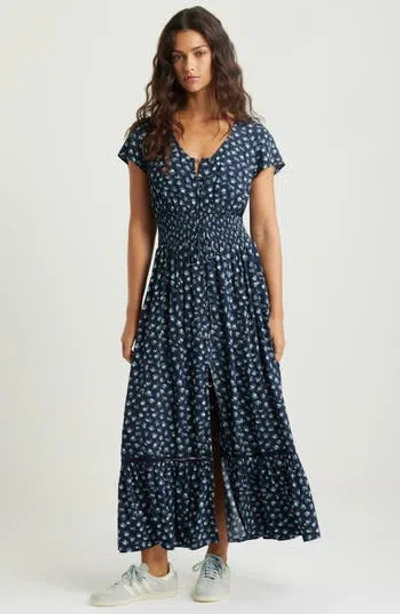 Treasure & Bond Print Smocked Waist Ruffle Hem Maxi Dress In Blue