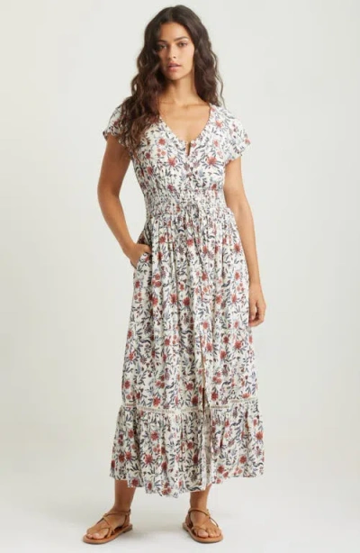Treasure & Bond Print Smocked Waist Ruffle Hem Maxi Dress In Ivory- Pink Fleurette