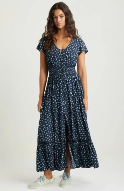 Treasure & Bond Print Smocked Waist Ruffle Hem Maxi Dress In Navy- Blue Elise Floral