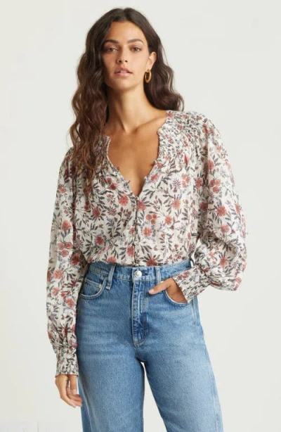 Treasure & Bond Print Smocked Yoke Button-up Shirt In Ivory- Pink Fleurette