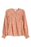 Treasure & Bond Print Smocked Yoke Button-up Shirt In Pink- Ivory Dancing Floral
