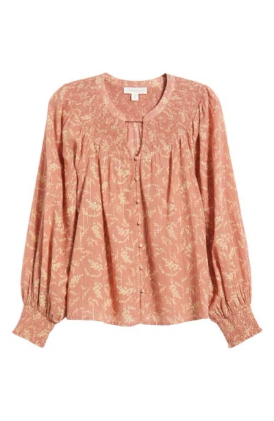 Treasure & Bond Print Smocked Yoke Button-up Shirt In Pink- Ivory Dancing Floral