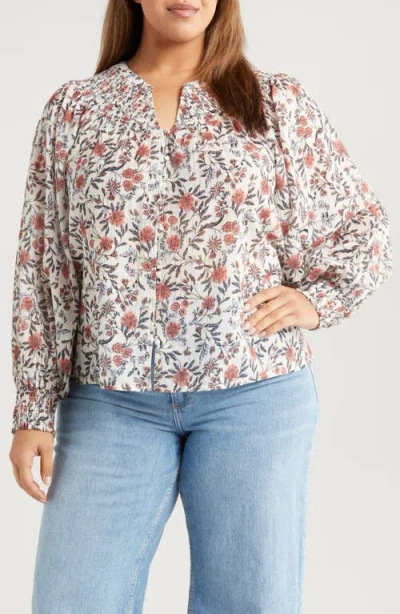 Treasure & Bond Print Smocked Yoke Button-up Shirt In Ivory- Pink Fleurette