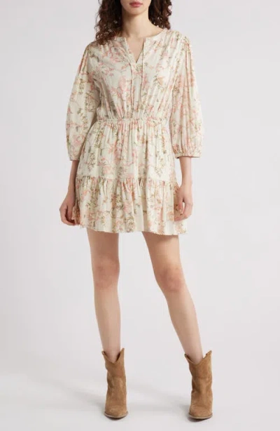 Treasure & Bond Print Tie Neck Minidress In Ivory- Coral Trail Blooms