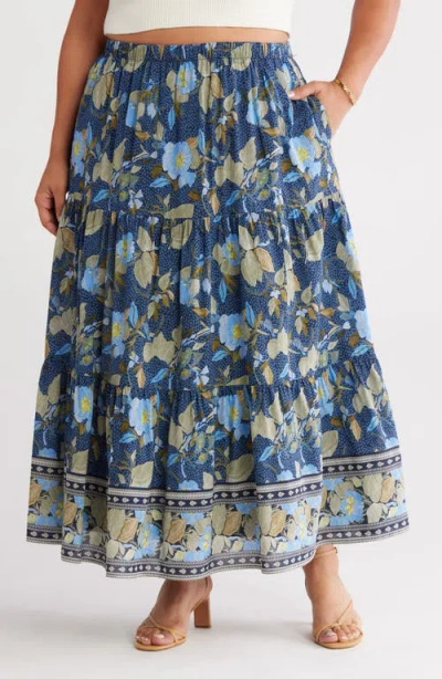 Treasure & Bond Print Tiered Maxi Skirt In Blue