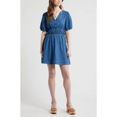 Treasure & Bond Puff Sleeve Cotton Chambray Minidress In Blue