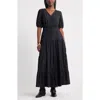 Treasure & Bond Puff Sleeve Tiered Jacquard Maxi Dress In Black
