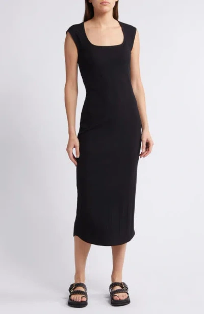 Treasure & Bond Rib Square Neck Midi Dress In Black