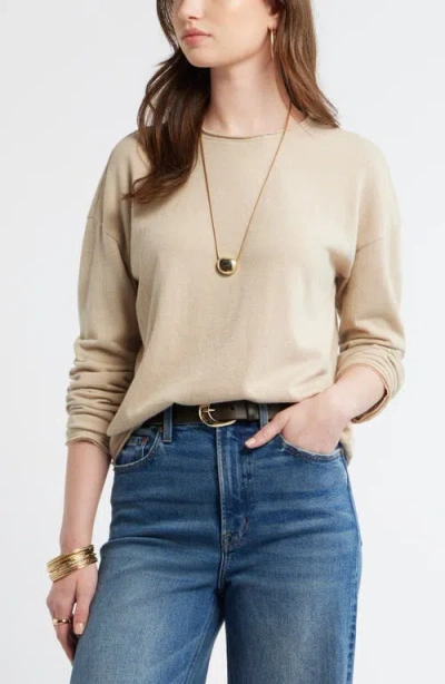 Treasure & Bond Roll Crewneck Boxy Long Sleeve Cotton Blend Top In Neutral