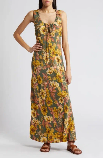 Treasure & Bond Ruched Bias Cut Maxi Dress In Olive Kalamata Amelia Floral