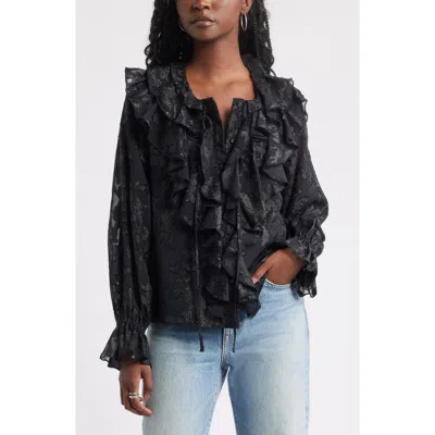 Treasure & Bond Ruffle Neck Chiffon Top In Black