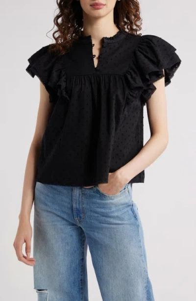 Treasure & Bond Ruffle Sleeve Clip Dot Top In Black