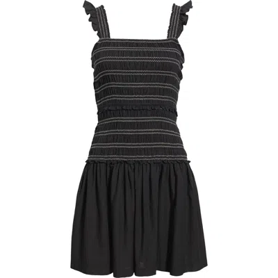 Treasure & Bond Ruffle Smocked Drop Waist Cotton Blend Minidress In Black