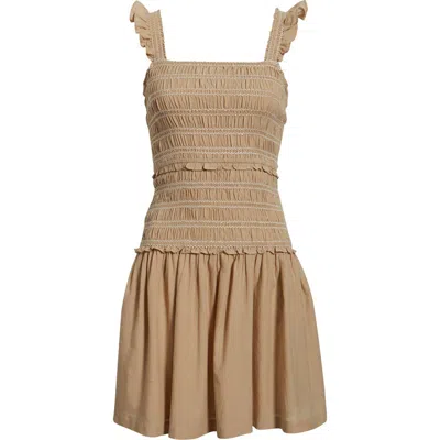 Treasure & Bond Ruffle Smocked Drop Waist Cotton Blend Minidress In Brown